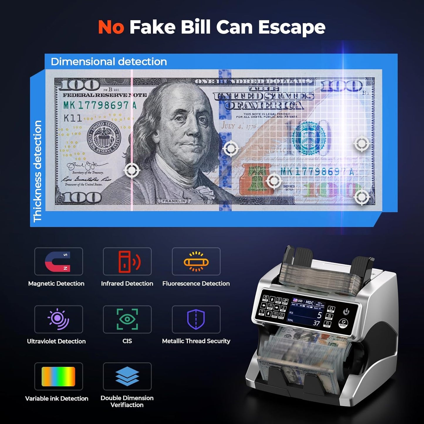 MUNBYN IMC01 Bank Grade Money Counter Machine Mixed Denomination, 2CIS/UV/IR/MG/MT Counterfeit Detection, Serial Number, MUL Currency Cash Counter, Printer Compatible Bill Value Counter (Silver)