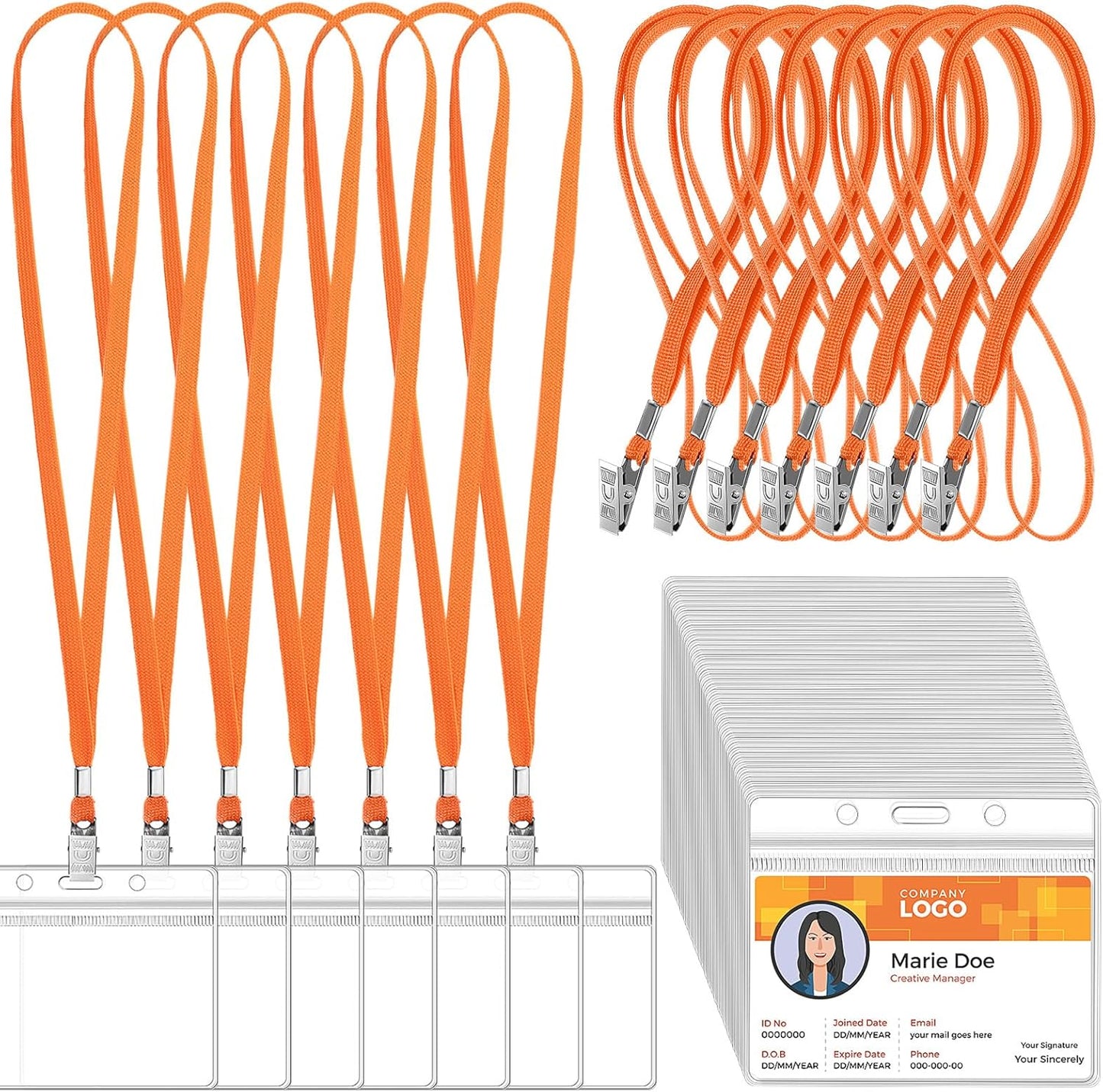 Marspark 100 Sets Clear Name Tags with Lanyard, Lanyards for ID Badges Reusable Strap with ID Holder Plastic Name Badges for Adults Business School Church Conference (Orange)
