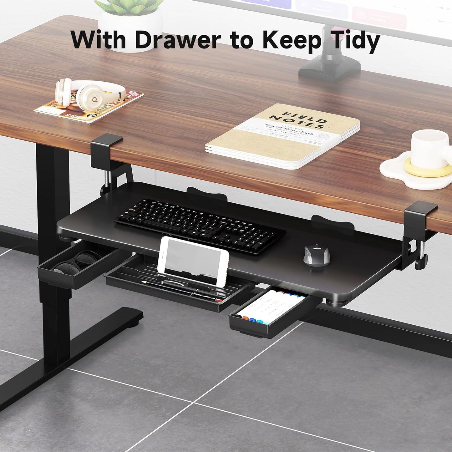 Keyboard Tray Under Desk with Storage Drawer Large C-Clamp 26.7”(31” Including Clamps) x 11.8” Slide-Out Platform Computer Drawer Pull Out Keyboard & Mouse Tray DSF7CT