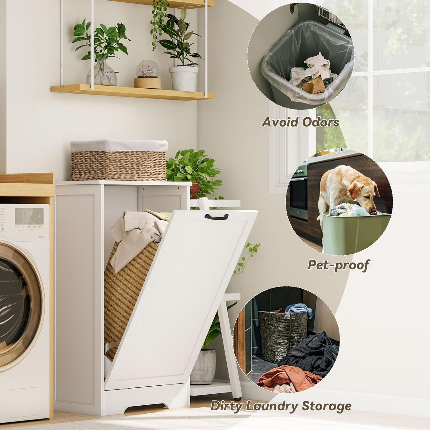 10 Gallon Tilt Out Trash Cabinet, Wooden Hidden Free Standing Kitchen Garbage Can with lid, Modern Pet-Proof Trash Can Holder for Bathroom, Living Room, Laundry Room, White