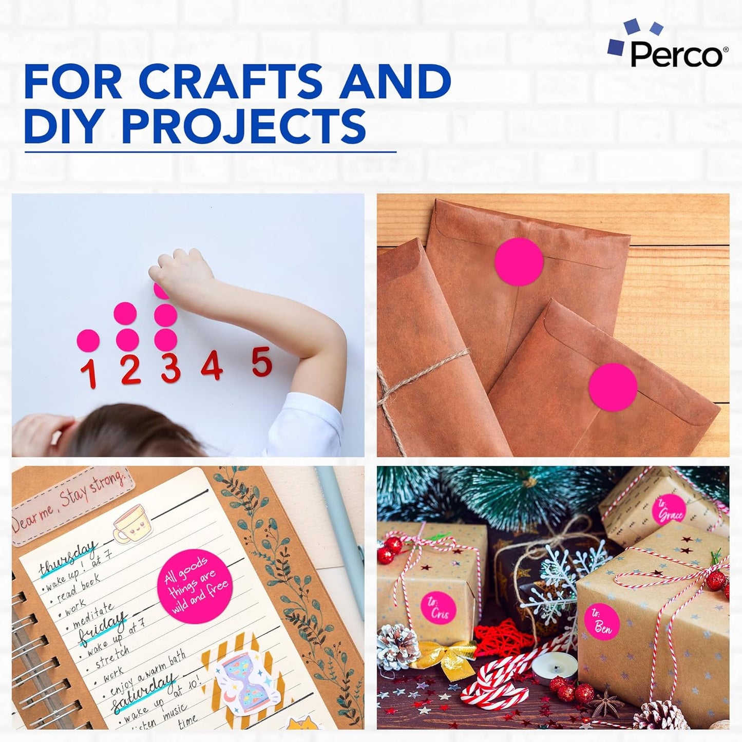 Perco Fluorescent Pink 2-Inch Round Circle Dot Sticker Labels with Easy Peel Perforation - 500 Labels per Roll - Strong Adhesion, Vibrant Colors for Organizing, Crafting & More - Made in USA