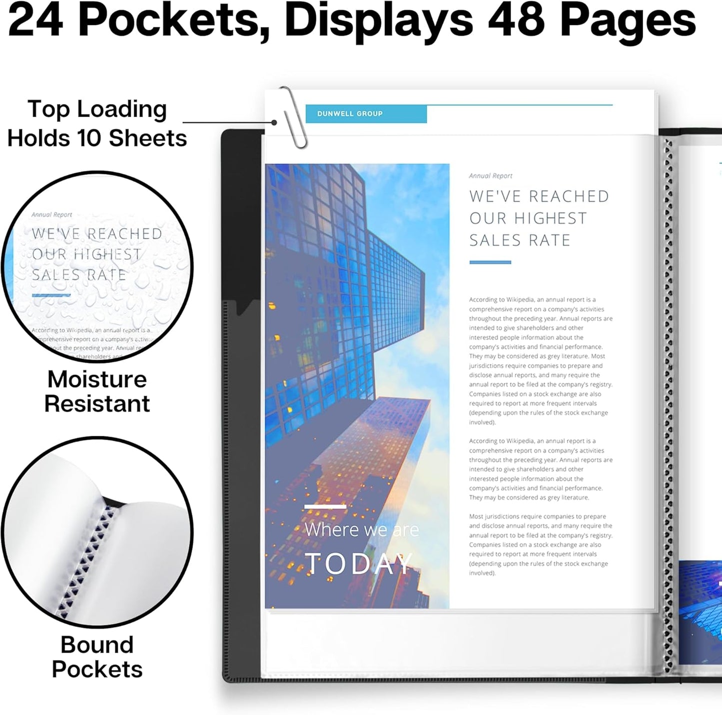 Dunwell 9x12 Presentation Book (Black), 24-Pocket Folder with Plastic Sleeves, Displays 48 Pages pf 9 x 12 or A4 Documents, Certificates, Keepsakes, Kids Art, Acid-Free Poly Portfolio Binder