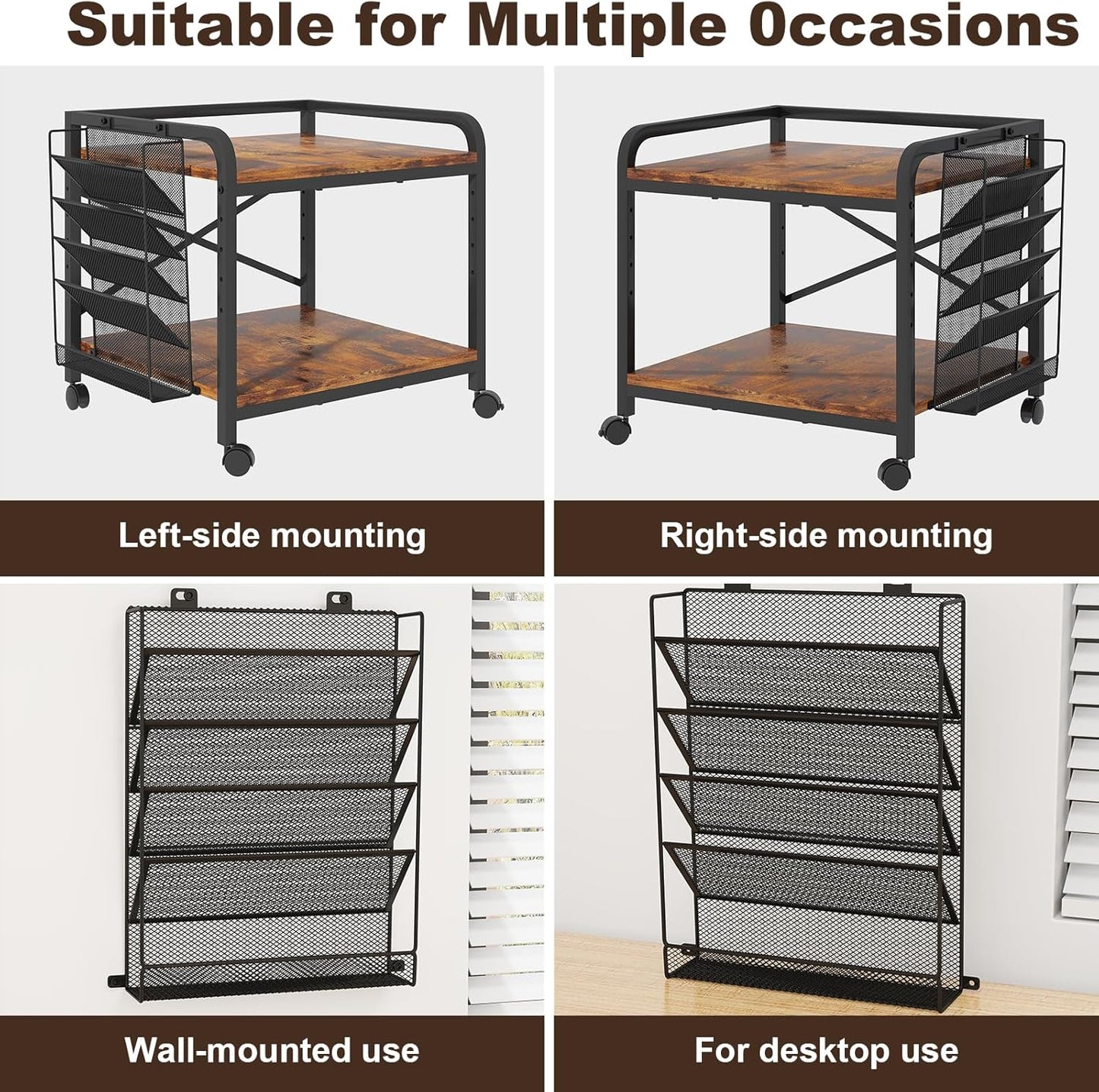 EasyCom 24"x20" Large Printer Stand with Hanging File Holder Organizer, Adjustable Height Shelf with Wheels, Under Desk Table with Storage for Printer Scanner Fax Home Office Use Rustic Brown