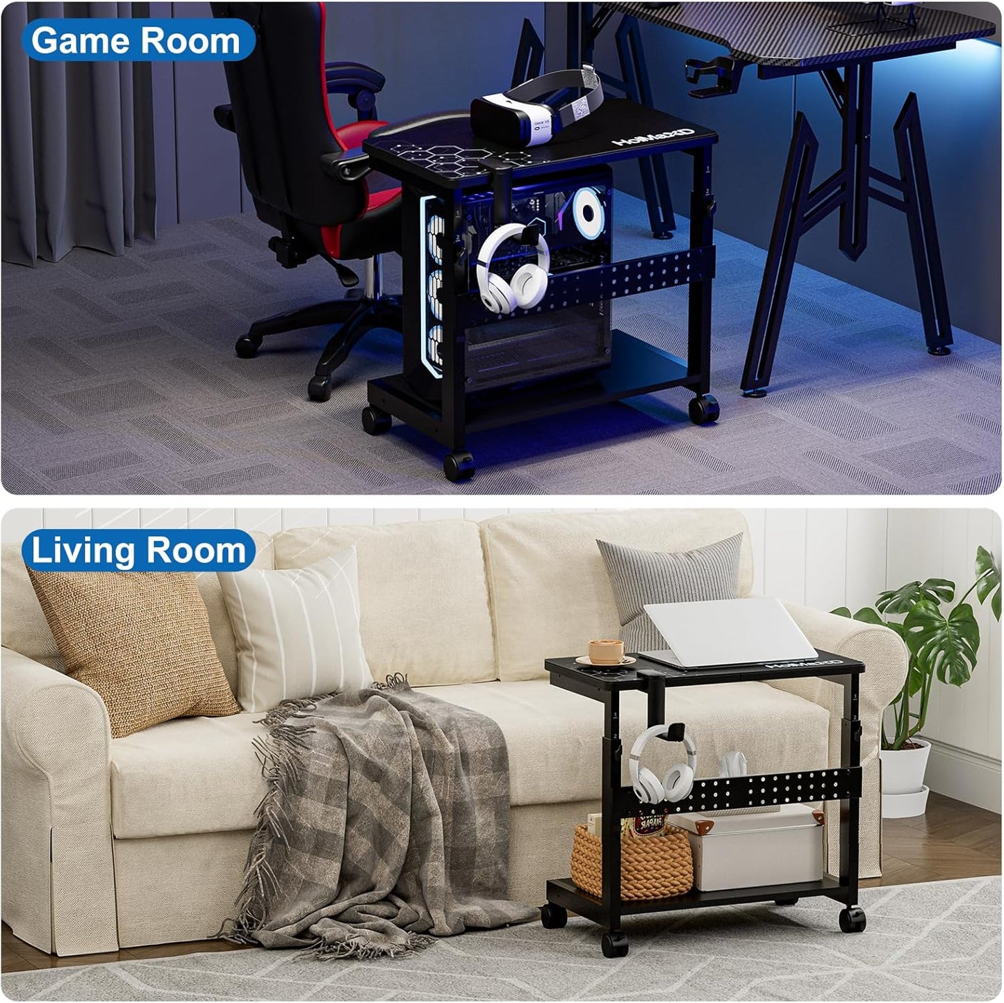 Height Adjustable Computer Tower Stand, 2-Tier ATX-Case CPU Holder with Mouse Pad & Headphone Stand, Mobile PC Standing Under Desk, Home Office Gaming Accessories, Computer Cart Wheels, Black