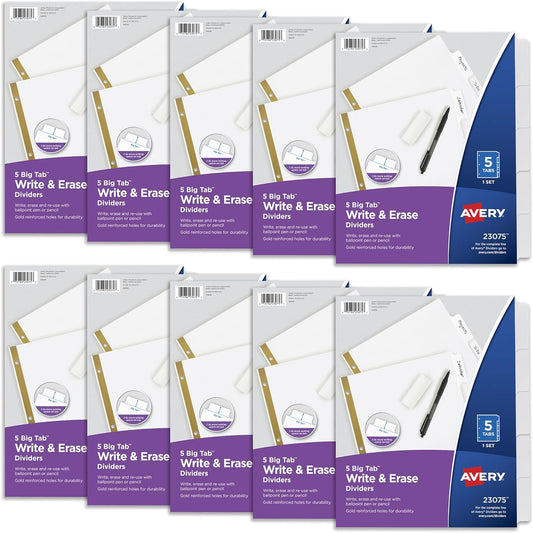 Avery Write & Erase Big Tab Paper Dividers for 3 Ring Binder, White, 5 Tab Set, 10 Packs, 10 Sets Total (23075)