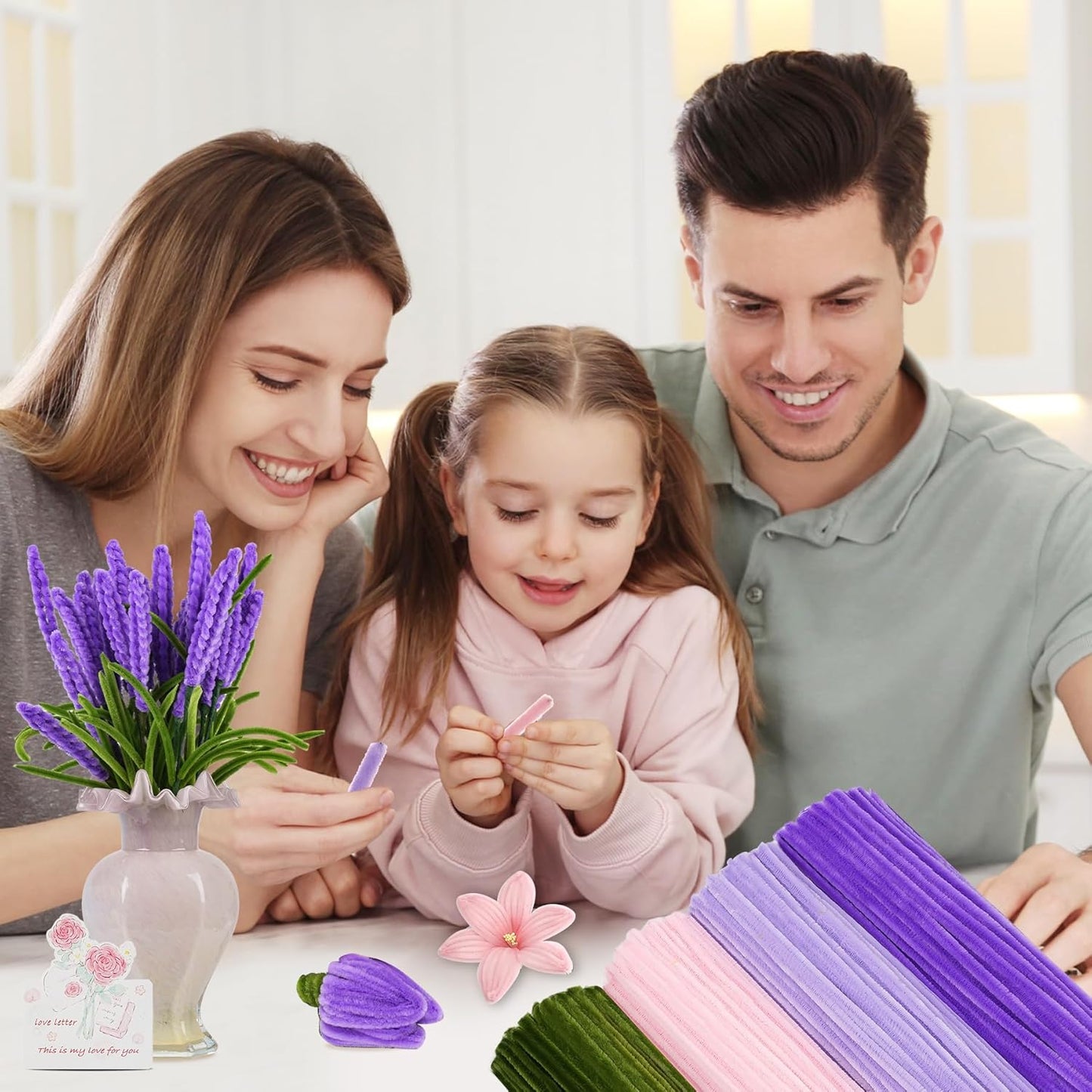 400 Pcs Chenille Stems Flowers Craft Kit,4 Colors Pipe Cleaners Bulk for DIY Floral Arrangements with Floral Wires, Gardening Tape,Hot Glue Stick,Greeting Card,Bouquet Paper, Stamen & Ribbon