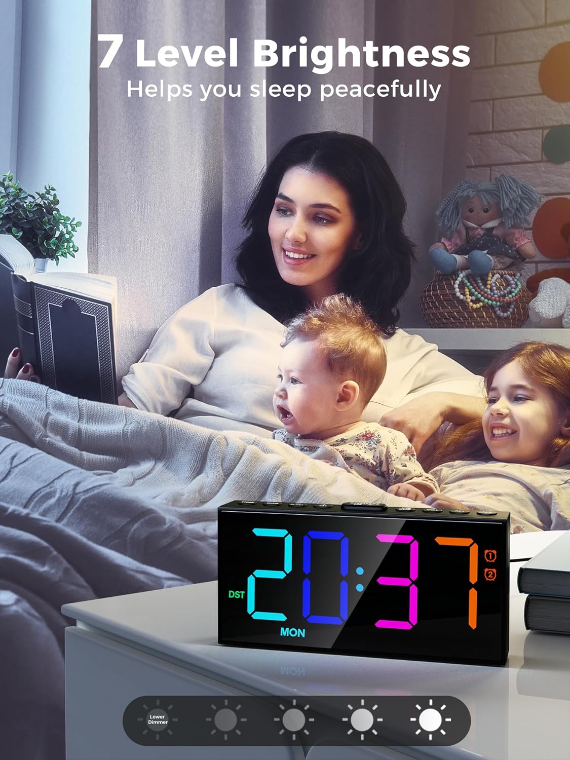 PPLEE RGB Digital Alarm Clock for Bedrooms with Day Display, Loud Dual Alarms for Heavy Sleepers, Plug-in Bedside Clock with USB Charging, Dimmable Large LED Display, Snooze for Kids Teens Boys Girls