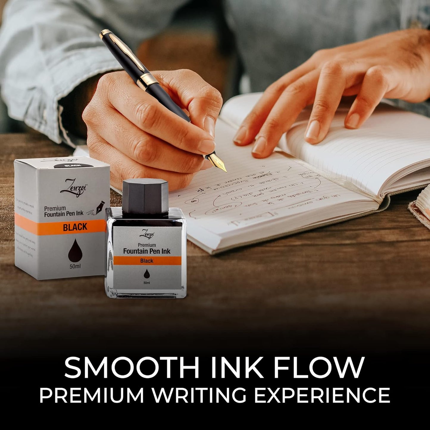 ZenZoi Fountain Pen Ink Bottle 50ml | Premium Designed Bottled Ink for Fountain Pens – Suitable for Calligraphy and All Branded Pens | Quick Drying and Smooth Flow Writing Experience (Black)