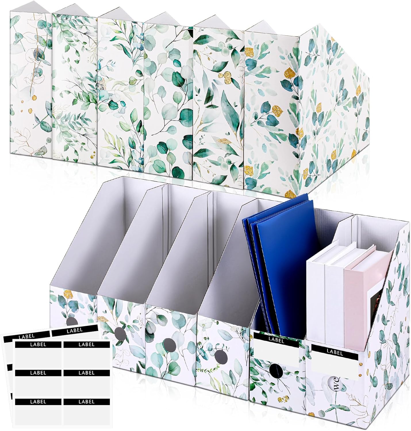 PerKoop 12 Pcs Magazine File Holder Foldable Decorative Cardboard File Folders 6 Patterns Floral Colored Magazine Rack with Printable Sticker Labels for School Office Home Desk (Eucalyptus Leaves)
