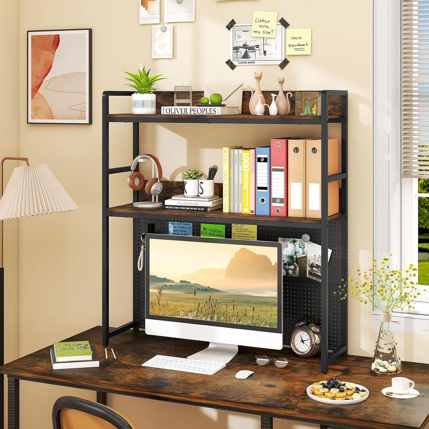 Giantex Desktop Bookshelf, 2-Tier Desk Hutch Dorm with Pegboard for up to 32" Computer Monitor, Industrial Countertop Storage Organizer Rack, Desk Shelf for Home Office, Rustic Brown