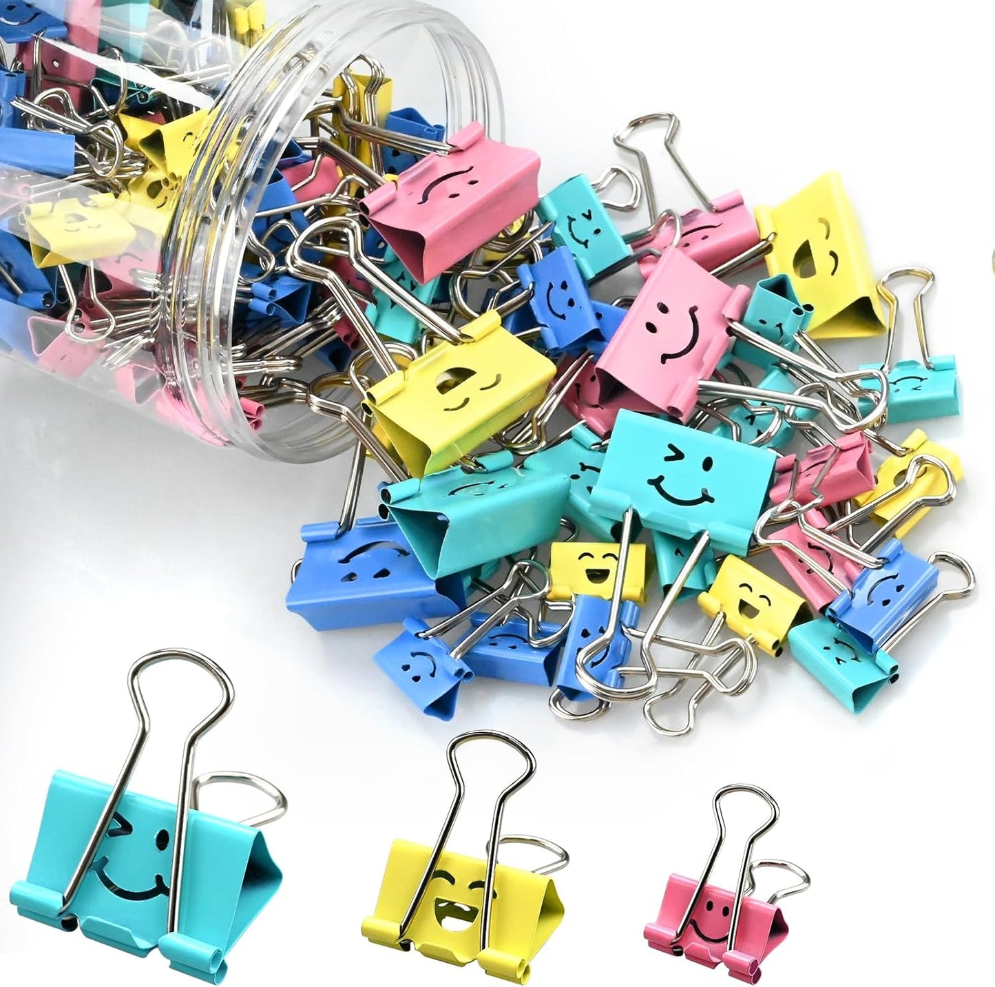 100 Pack Binder Clips Paper Clamps Assorted Sizes and Colors Cute Binder Clips with Smiling Face Metal Paper Clamps for Office, School