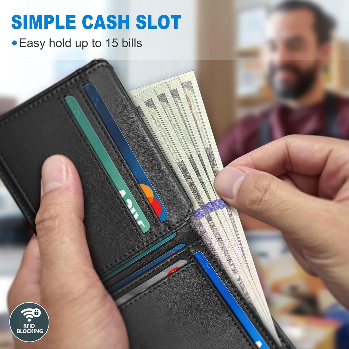 Wallet for Men Wallet with Cash Pocket 2 ID Window 13 Cards,Slim Leather Wallet Front Pocket Card Holder RFID Blocking with Gift Box