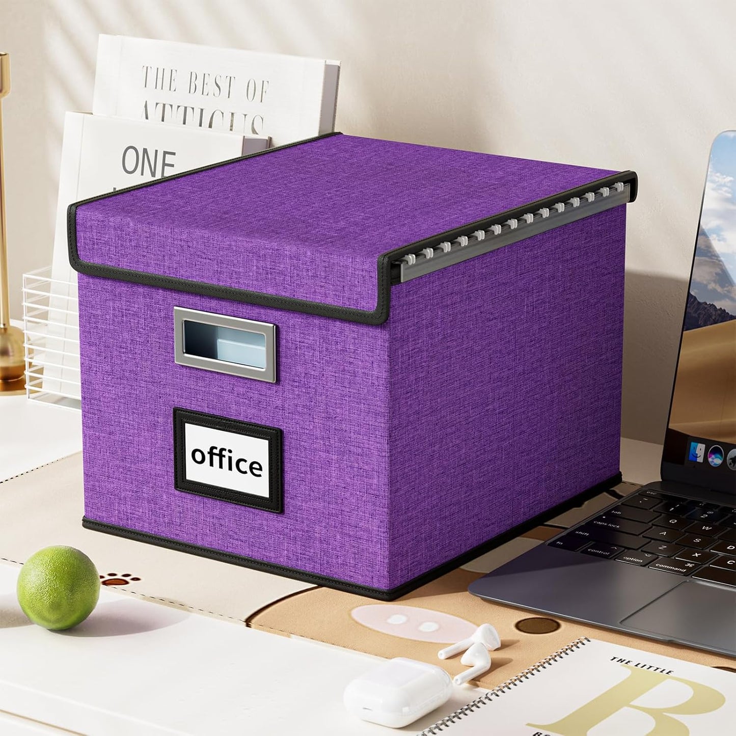 Huolewa File Organizer Box with Lid, Collapsible File Folder Organizer for Office Document Storage, Filing Box with Plastic Slide for Letter/Legal Size Hanging Files, Purple
