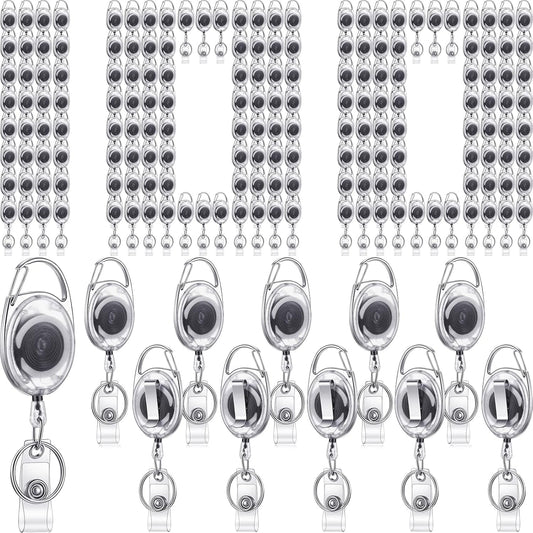 100 Pack Retractable Badge Reels Bulk Heavy Duty Badge Reel Holders with Carabiner Belt Clip and Keychain for Lanyard Card Nurse School Office Employee (Clear White)