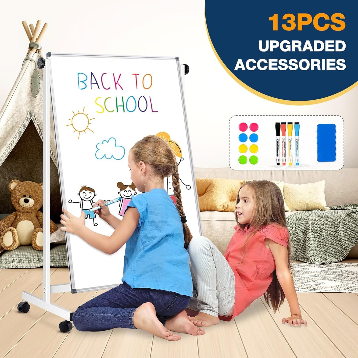 [13 Sq/ft] WALGLASS Double-Sided Rolling Whiteboard, 24"x40" Reversible Dry Erase Board with Stand, Magnetic White Board on Wheels, Standing Mobile Whiteboard, School Supplies, Classroom, Office, Home