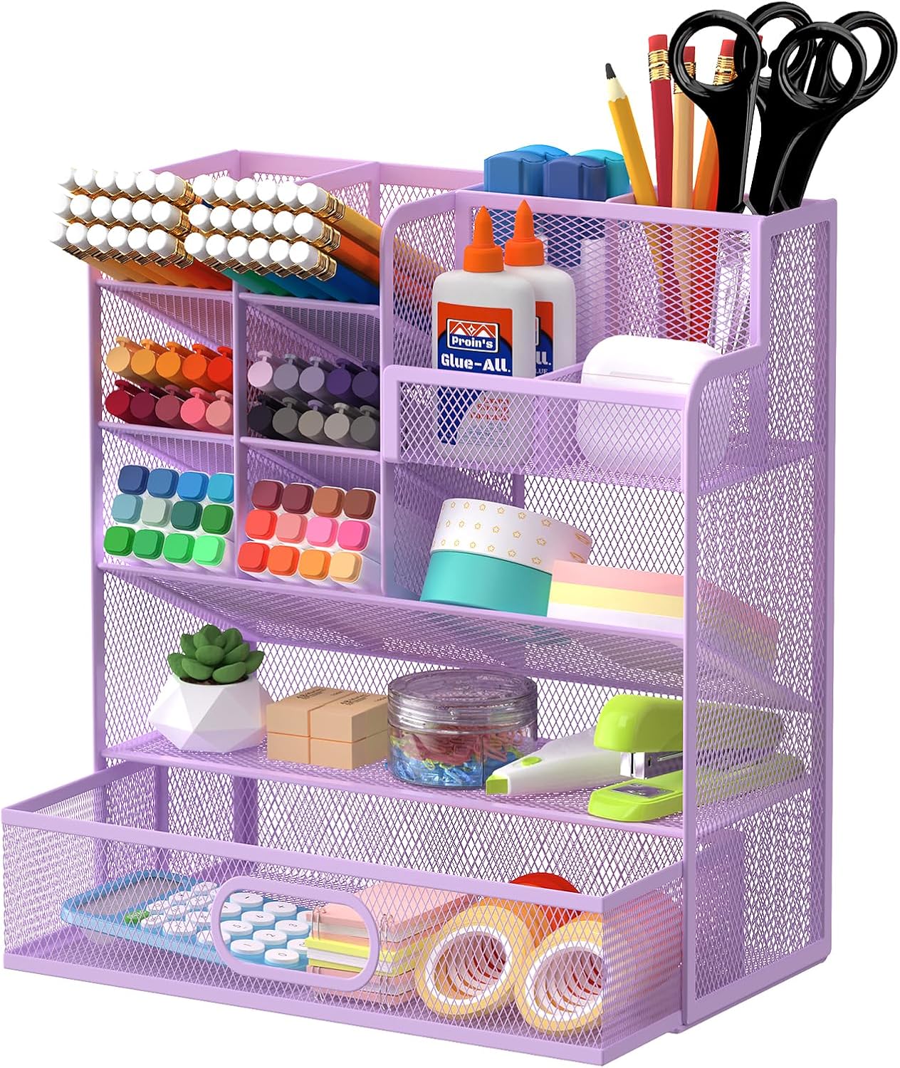 Mesh Pen Organizer for Desk, Multi-Functional Pencil Holder with Drawer Desk Organizers, Large Capacity Storage for School Office Home Supplies (Purple)