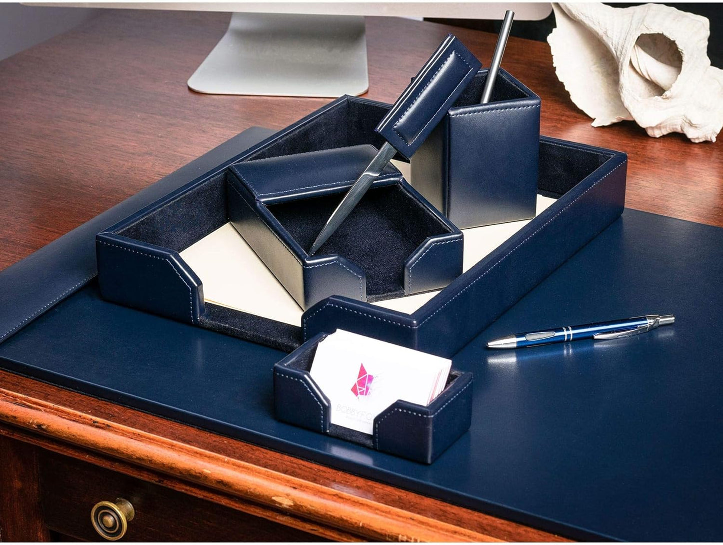 Dacasso Navy Blue 6-Piece Leather Desk Set, Bonded Leather, 30 x 18 x 4, DF-5001