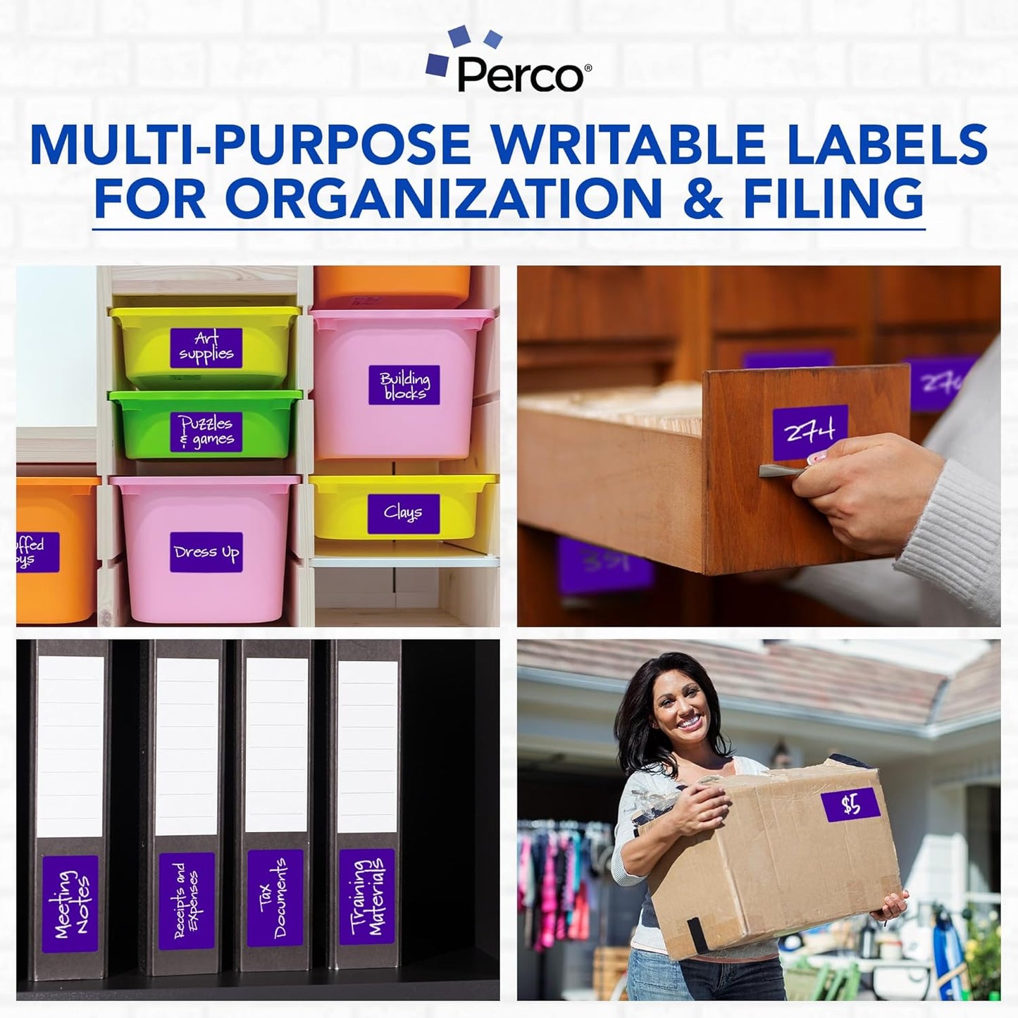 Perco Purple Labels 3x5 Inch 500 Stickers/Roll with Easy Peel Perforation and Strong Adhesion for Inventory Management, Color Coding, Moving Boxes, Retail, Organizing & Crafts – Made in USA