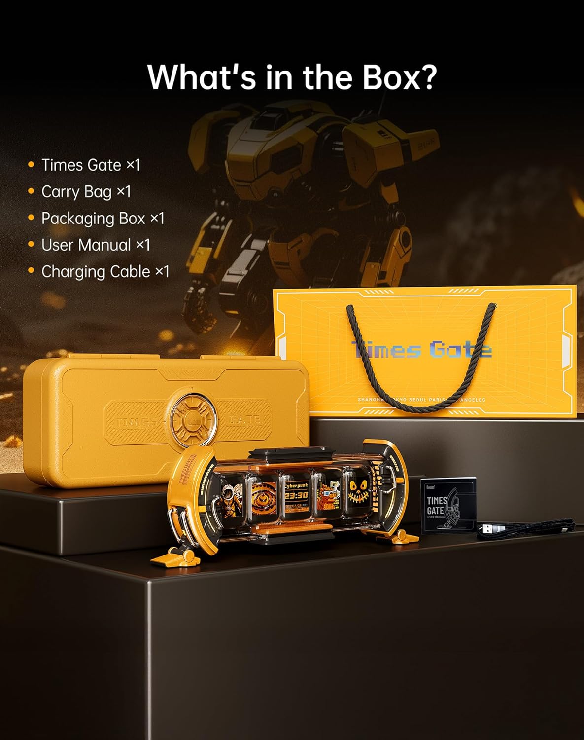 Divoom Times Gate - Cyberpunk Gaming Setup Digital Clock with Smart APP Control, WiFi Connect, RGB LED Display, Personalized Dashboard, Pixel Art for Gaming Room & Office Decor (Yellow)