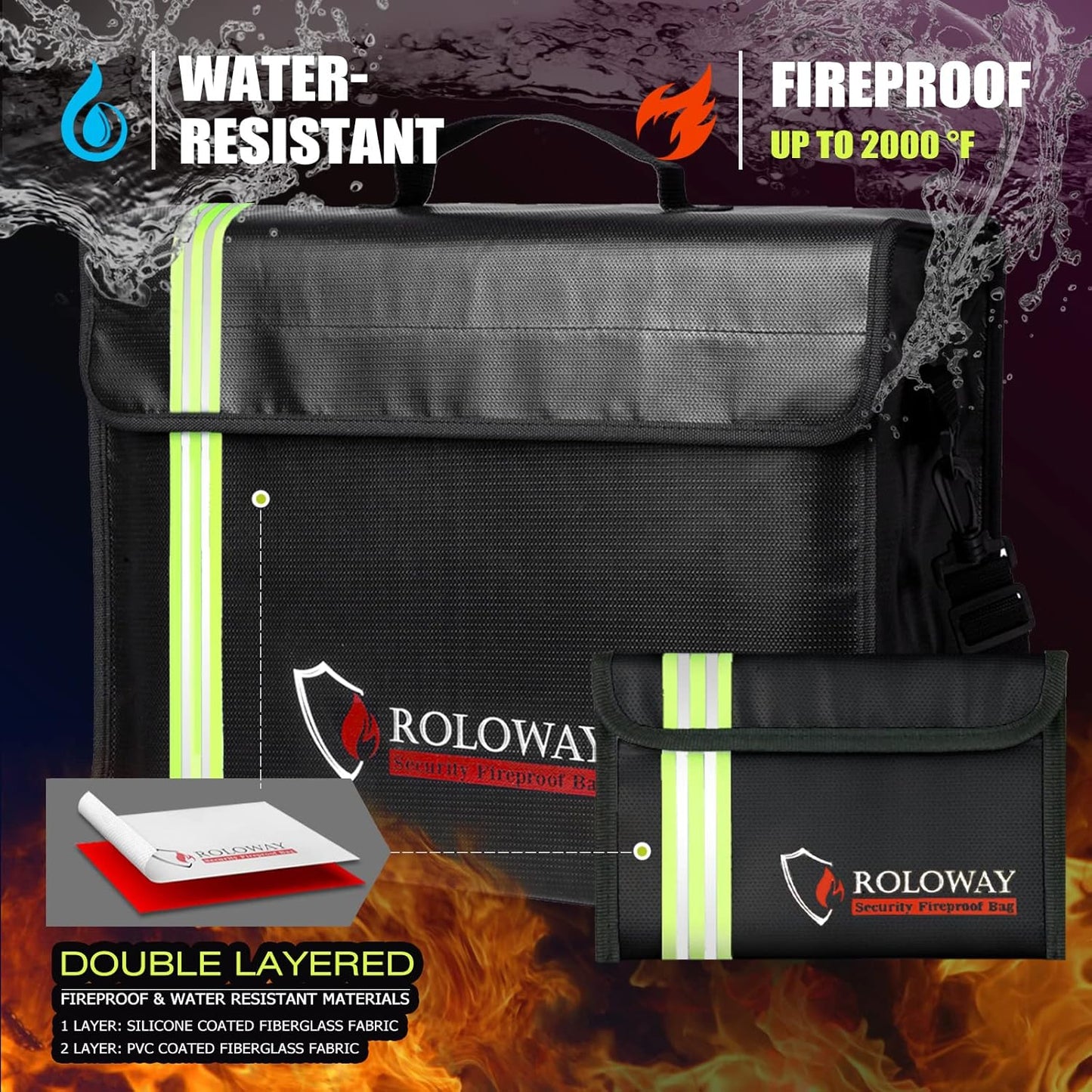 ROLOWAY Large (17 x 12 x 5.8 inches) Fireproof Bag with Reflective Strip, Water Resistant Fireproof Document Bag Safe for Money, Documents and Valuables Storage