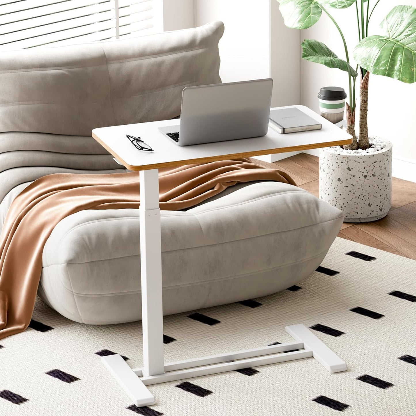 SANODESK Mobile Standing Desk with Hidden Wheels,Pneumatic Laptop Desk Rolling Computer Cart Movable Height Adjustable Small Sit Stand Desk for Home Office(27.6" W x 15.7" D, White+Maple Band)