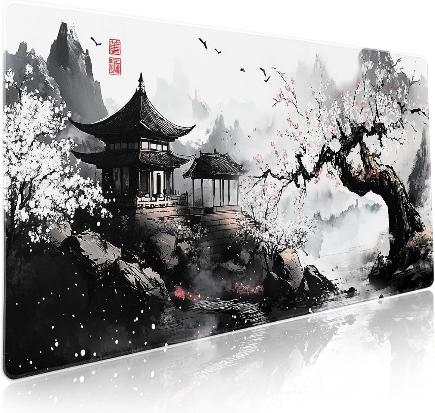 Black Whtie Japanese Gaming Mouse Pad XXL Anime Sakura Cherry Blossom Tree Extended Large Mat Mousepad Desk Pad Non-Slip Rubber Base Stitched Edge Keyboard Pad Playmat for Computer,35.4×15.7 Inch