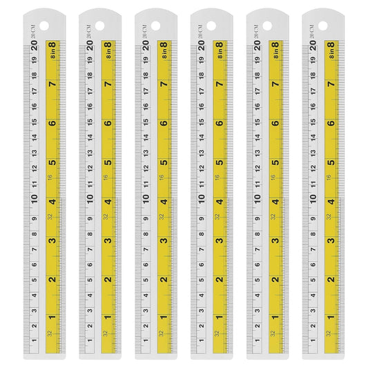 HARFINGTON 6pcs Metal Straight Ruler 20cm Metric SAE Aluminum Alloy Measuring Rulers Scale Tool with Hole for Measure Study Reading Classroom Office, Yellow