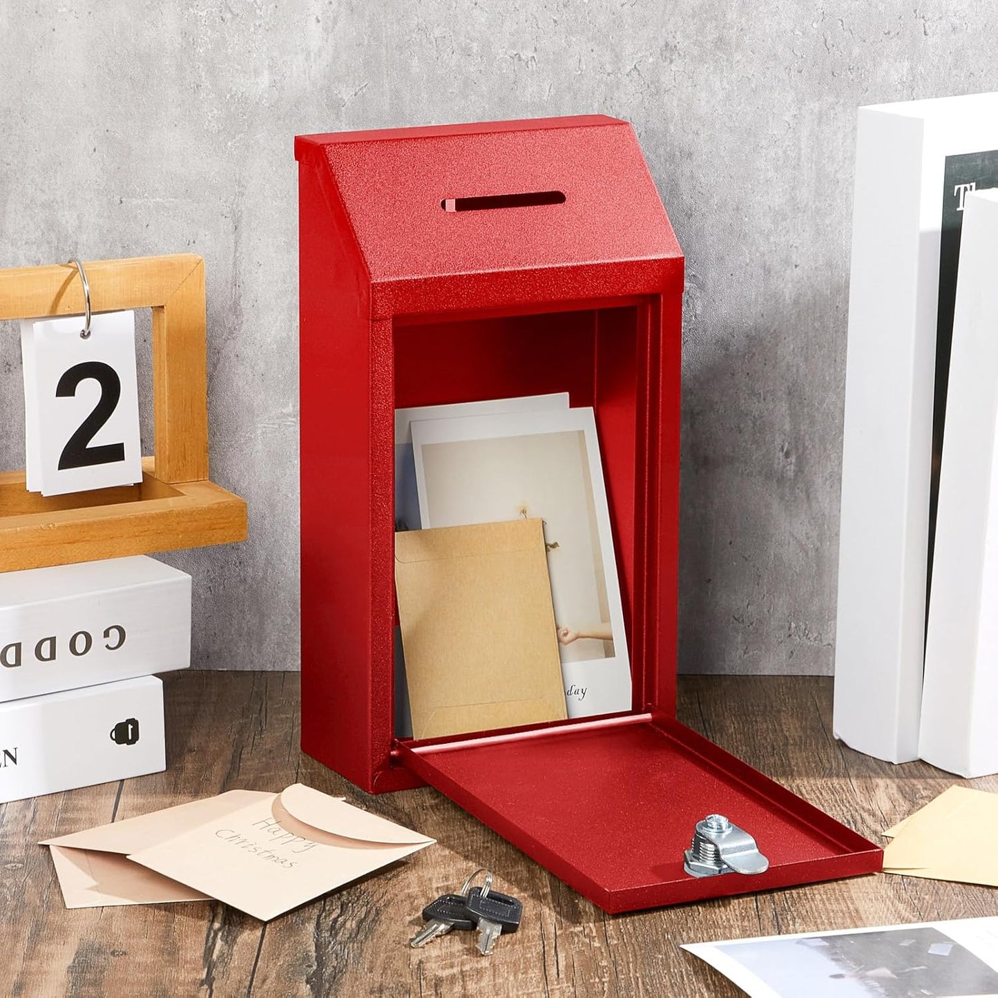 Metal Donation Cash Box Collection Safe Suggestion Box with Lock Wall Mounted Mailbox Delivery Ballot Container for Home Office Outdoor Door(Red)