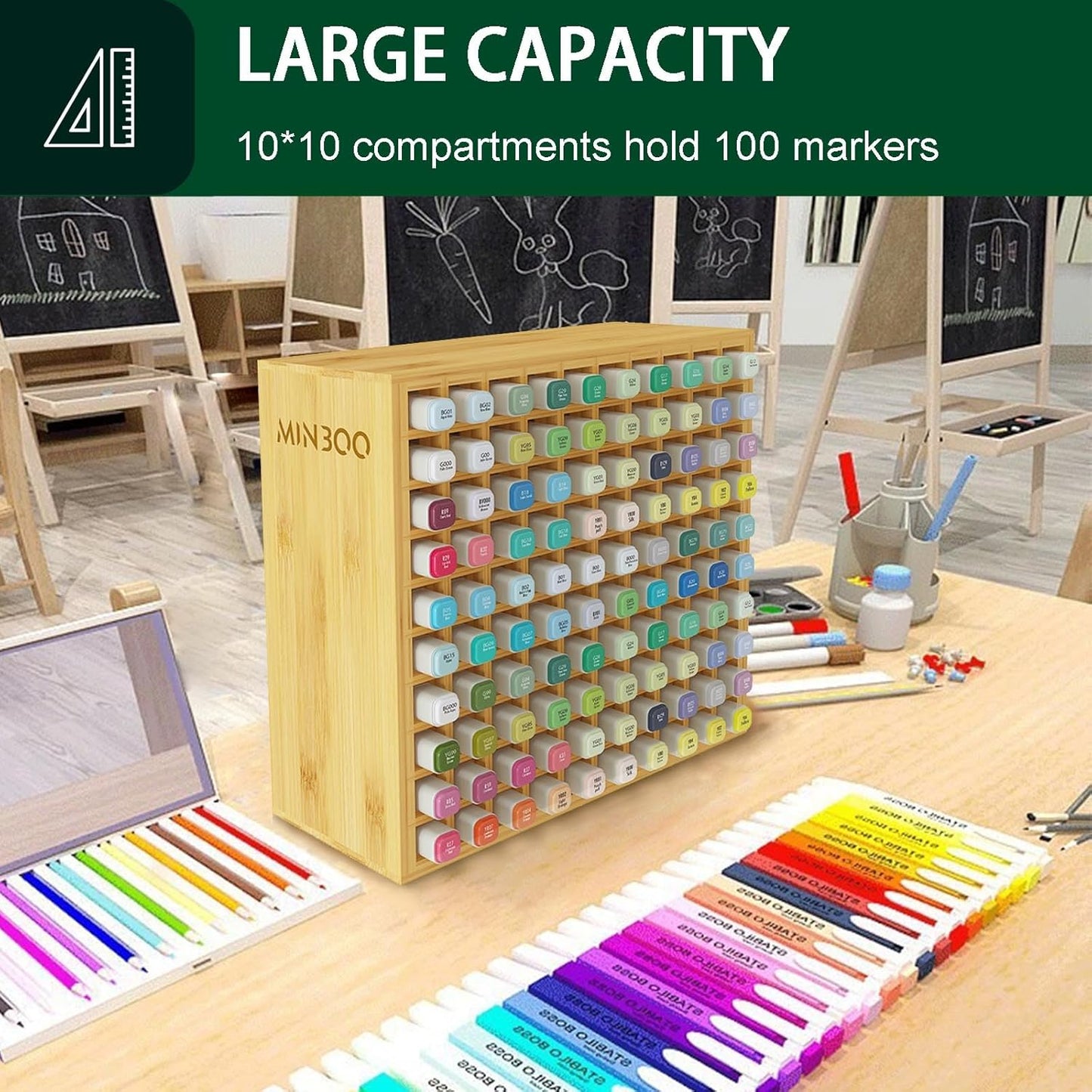 MinBoo Art Marker Storage Organizer for 100 Markers, Bamboo Art Supply Rack, Pens Color Pencils Paint Brushes Stationary Organizer Holder for Home Classroom Office Desk Decor