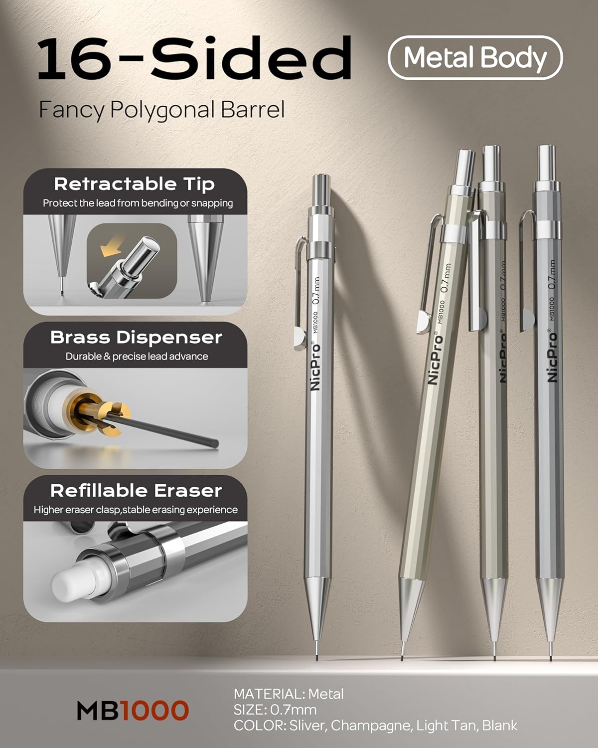 Nicpro 4 Pack Mechanical Pencil 0.7mm with Case, MB1000 Metal Mechanical Pencil Set with 8 Tube HB #2 Lead Refill 0.7 mm, 3PCS 4B Eraser, 9 Cap Eraser for Artist Drafting Writing, Sketching, Drawing