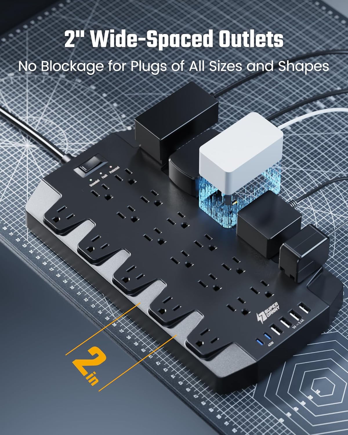 SUPERDANNY Power Strip Surge Protector with 10ft Extension Cord - 22 Outlets, 6 USB Ports, 45W Fast Charging - 1875W/15A, 2100J, 45°Plug, Mountable - Ideal for Home, Office, Gaming, PC, Streaming