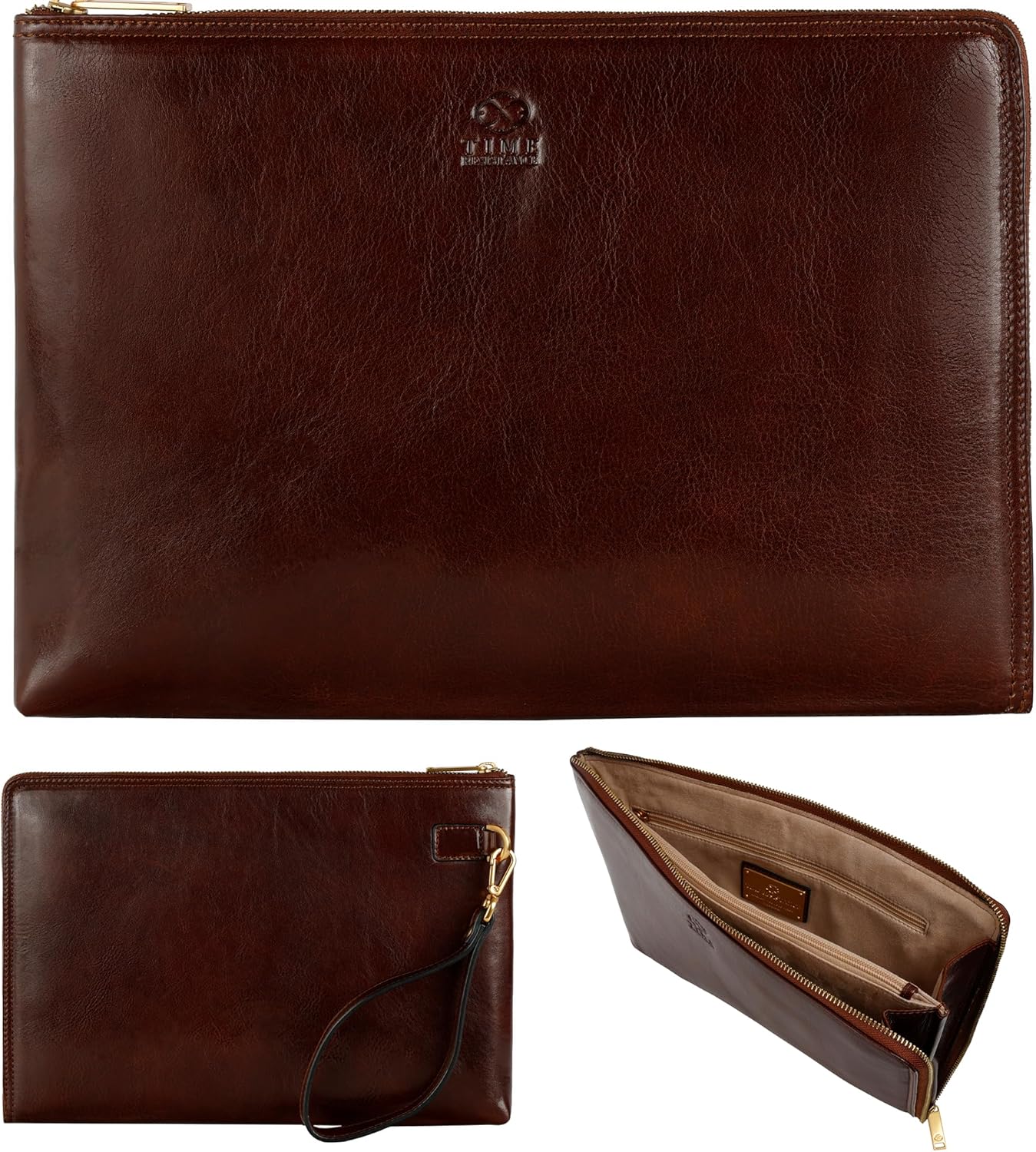 Time Resistance Leather Clutch for Men Organizer Wrist Bag Briefcase Handmade in Italy