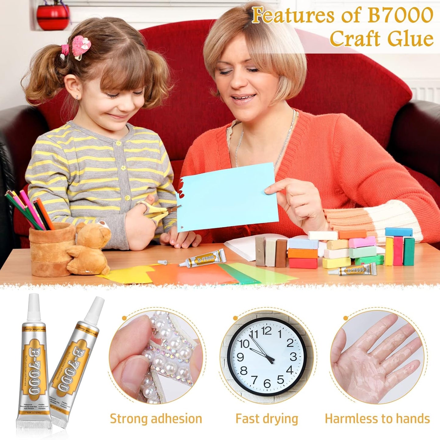 B7000 Clear Glue for Jewelry Making, Upgrade B-7000 Adhesive Crafts Glue Multipurpose Super Glue for Scrapbooking Supplies, School DIY Craft Glass, Fabric, Wood, Rhinestones Gems Clothes (2X 15ML)