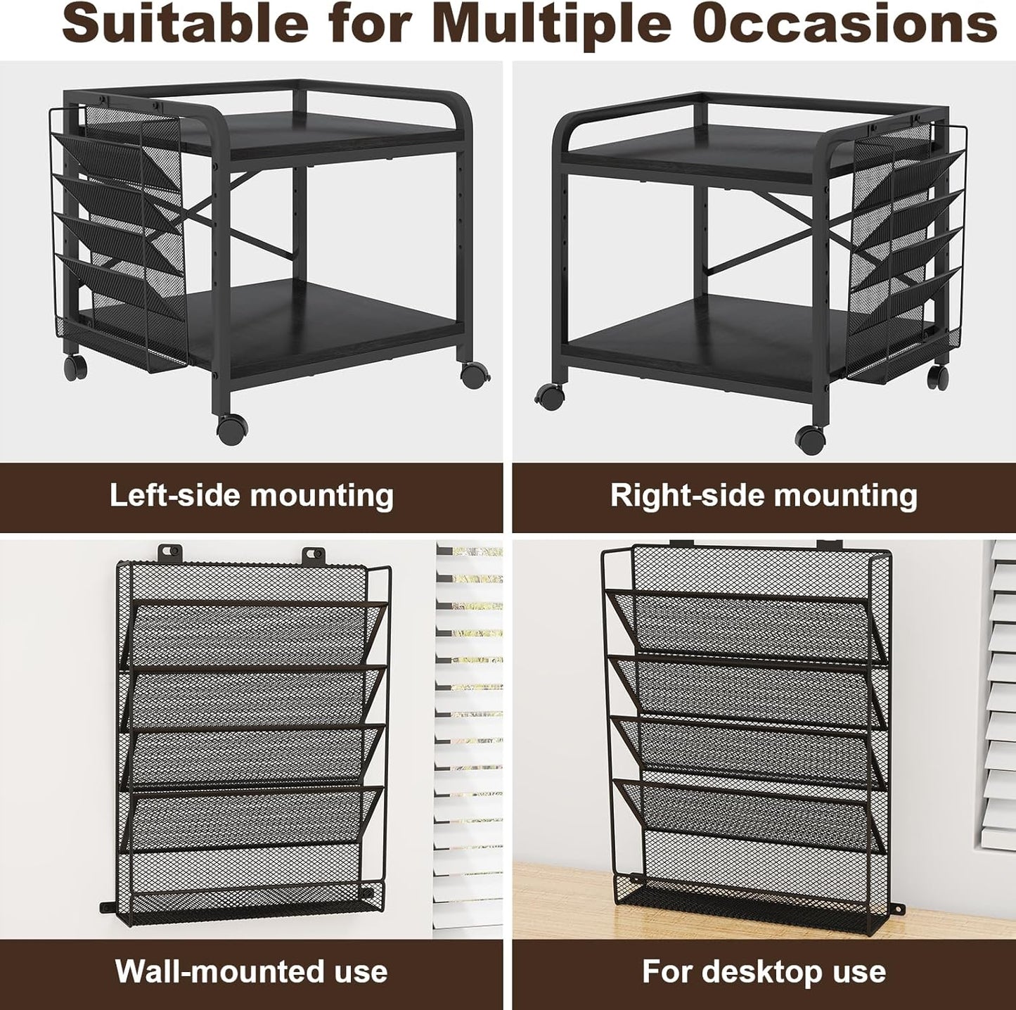EasyCom 24"x20" Large Printer Stand with Hanging File Holder Organizer, Adjustable Height Shelf with Wheels, Under Desk Table with Storage for Printer Scanner Fax Home Office Use Black