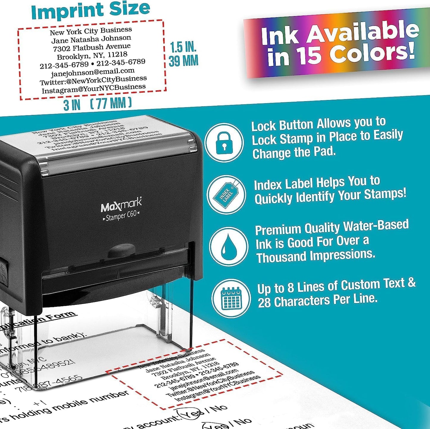 Custom Self Inking Rubber Stamp - Up to 8 Lines of Text - Choose from 15 Ink Colors - XX-Large Size