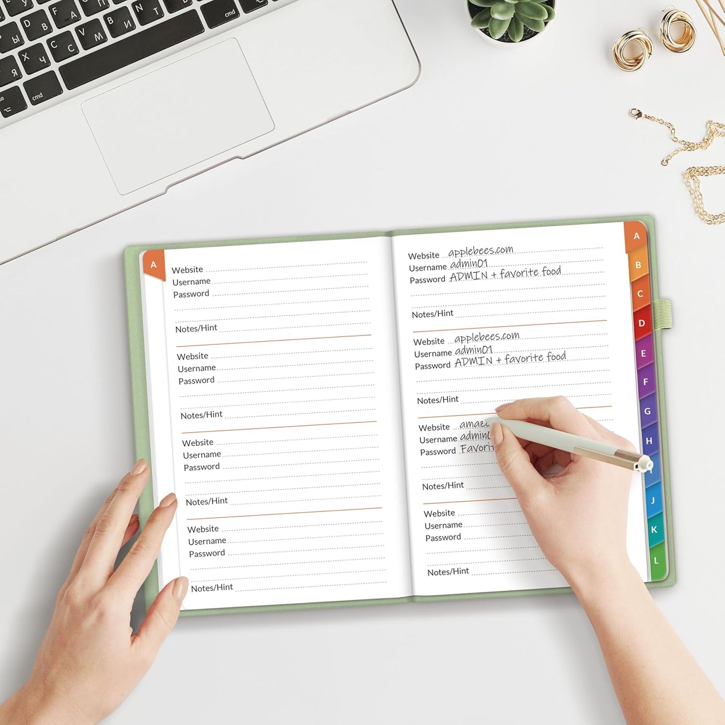SUNEE Password Book with Colorful Alphabetical Tabs, Password Books for Seniors, Password Keeper Book for Computer and Internet Address Website Login, 5.3''x 7.7''- Sage Green