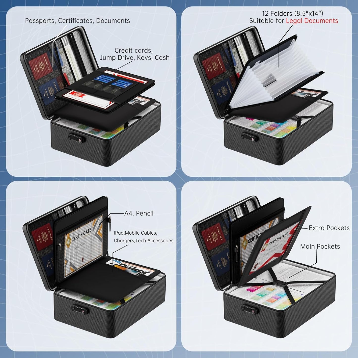 5200℉ Fireproof Document Bag, Insulated Document Box with Lock, Important Document Organizer with Waterproof Zipper, Portable Soft Home Travel Office Safe Storage for Legal/Letter/A4 Files,Black