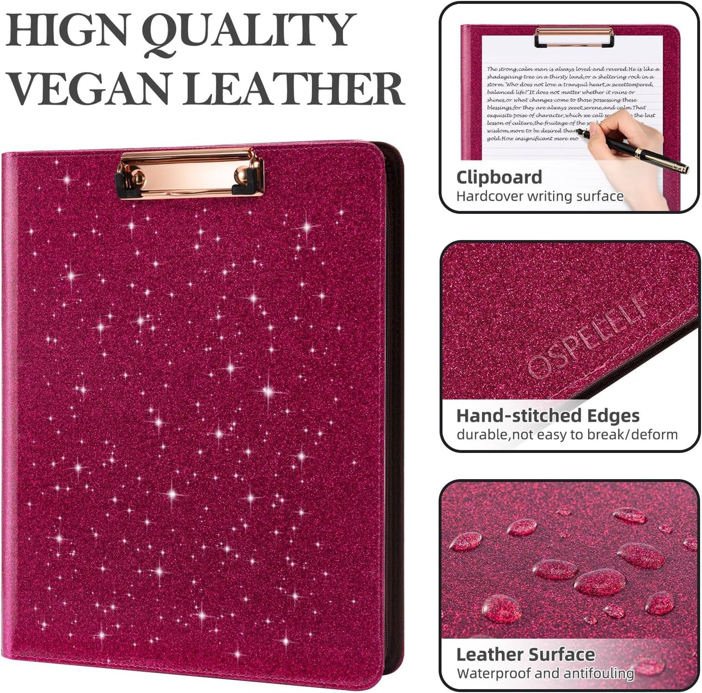 Ospelelf Zipper Clipboard with Storage, Leather Padfolio Portfolio Folder, 3 Ring Binder Dividers with Tabs, 12.1” Tablet Sleeve, Refillable Notepad, Card Slot (Rose Red)