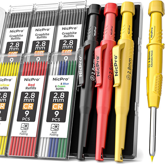 Nicpro 3 Pack CP3000 Carpenter Pencil with Sharpener, Mechanical Carpenter Pencils with 57 Refills, Construction Pencil Heavy Duty Woodworking Pencils for Architect Marking (Red, Black, Yellow)