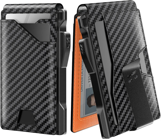 typecase Tactical Wallet for Men Card Holder: Pop Up Card Case, Genuine Leather, Smart, RFID Blocking, Slim, Minimalist, Thin, Front Pocket - 9-13 Card Capacitiy, ID Window, Money Clip (Orange)