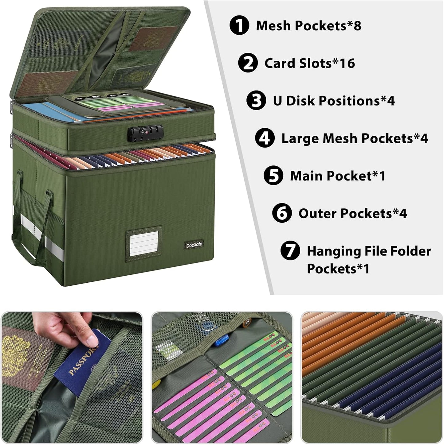 DocSafe File Box with Lock,Multi-Layer Fireproof Document Box Collapsible File Storage Organizer with Pockets/Handle,Portable Home Office Filing Cabinet for Hanging Letter/Legal Size Folders,Green