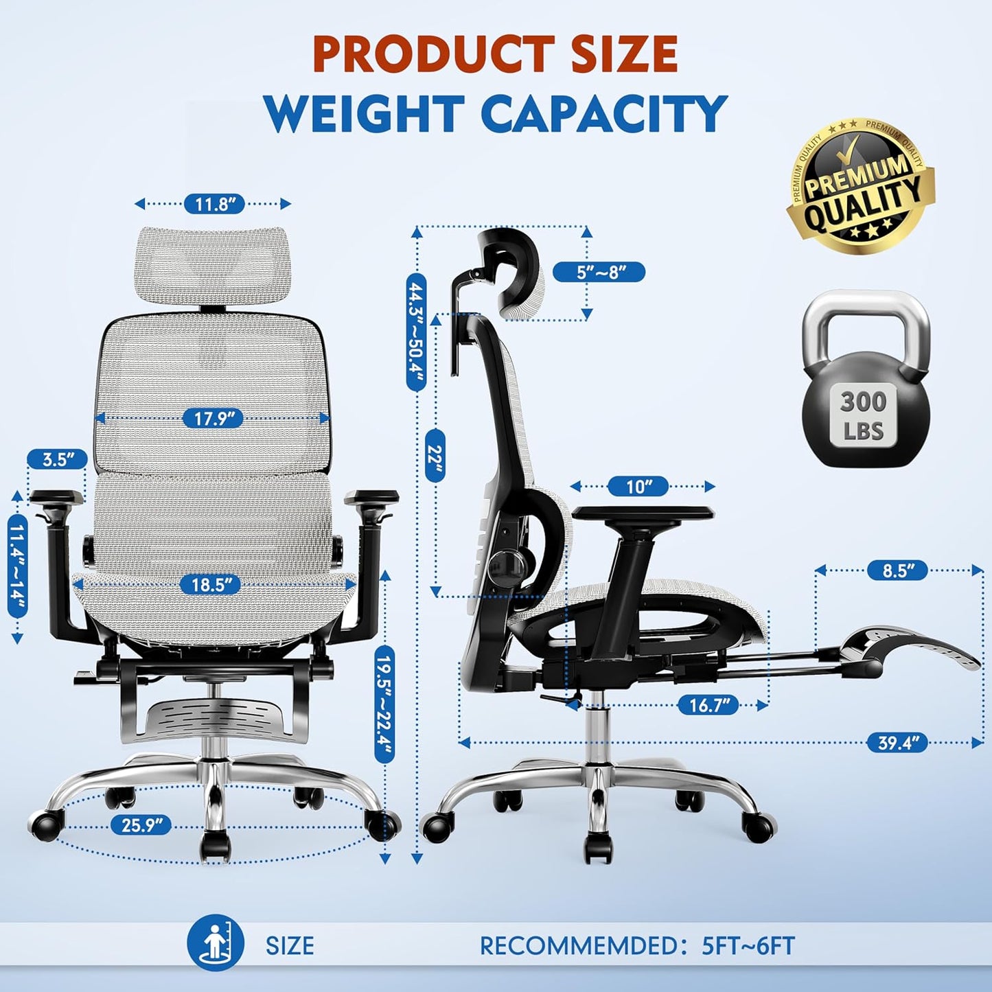 Ergonomic Office Chair, High Back Desk Chairs with Retractable Footrest, Breathable Mesh, Adjustable Headrest, 3D Armrests, Lumbar Support, Tilt Function, Comfy Swivel Computer Gaming Chair