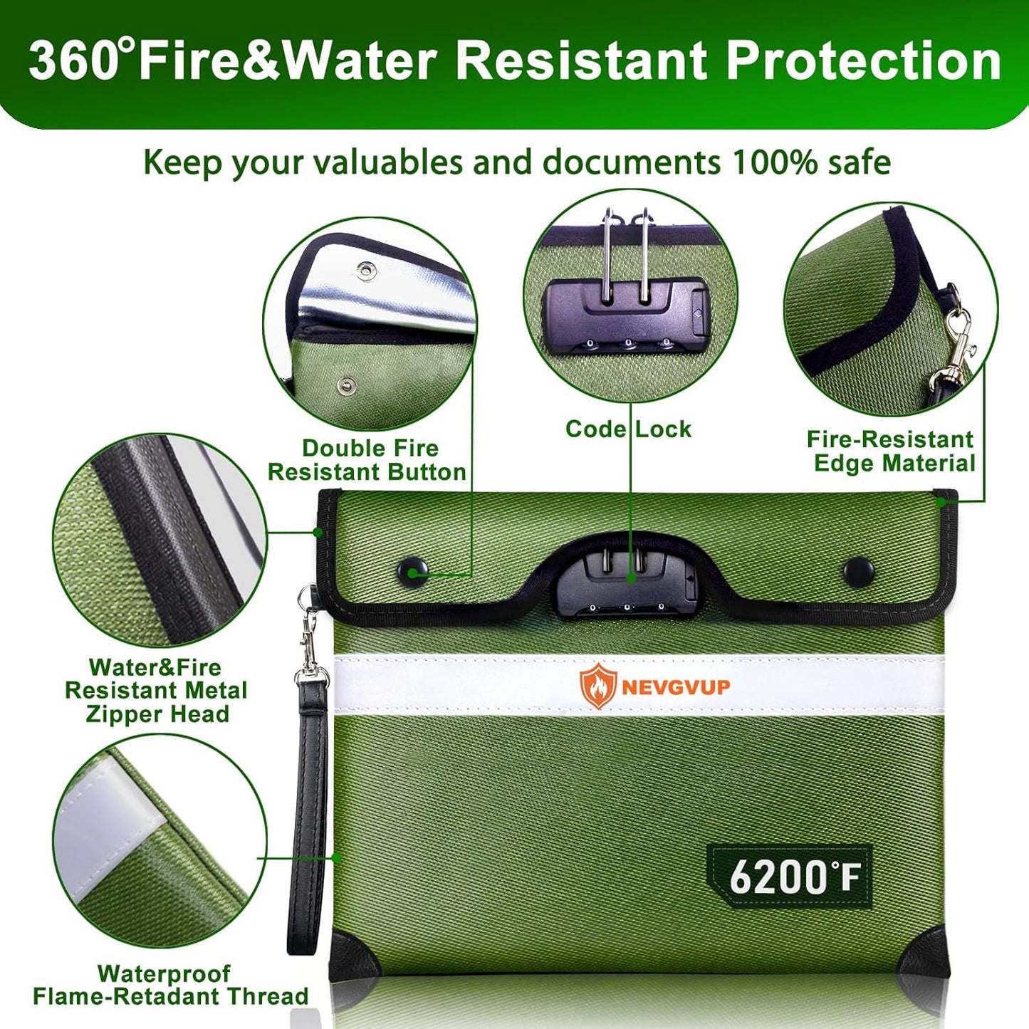 Upgraded 6200°F Fireproof Document Bag with Lock, Fire proof Money Bag for Cash with Zipper/Reflective Strip, 9 Layer of Heat Insulated Material, Water Resistant Fireproof Bags for Documents,Safe Bags