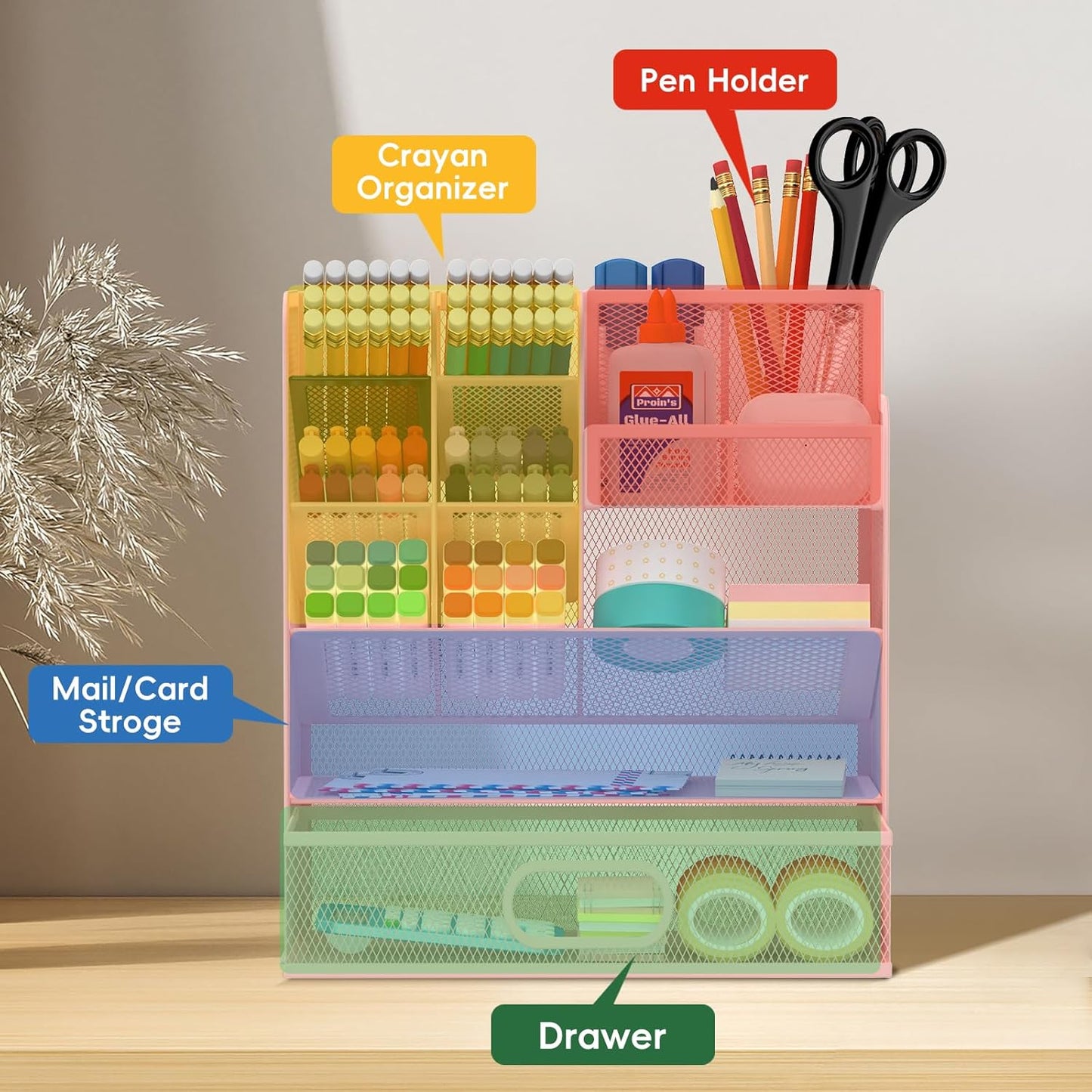 Mesh Pen Organizer for Desk, Multi-Functional Pencil Holder with Drawer Desk Organizers, Large Capacity Storage for School Office Home Supplies (Pink)