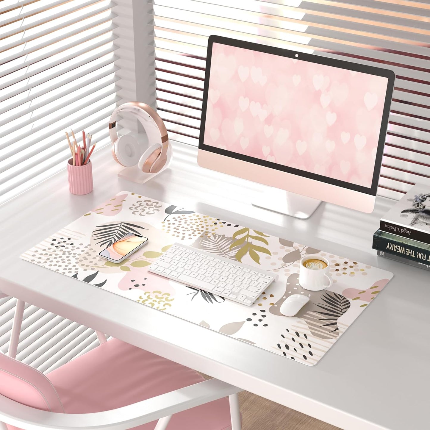 QIYI Large Mouse Pad, Exotic Pattern Desk Mat for Desktop, Women Girls Office Décor Desk Accessories, PU Leather Waterproof Gaming Mousepad, Tropical Plants Gold Desk Pad Computer Mat, 31.5" x 15.7"