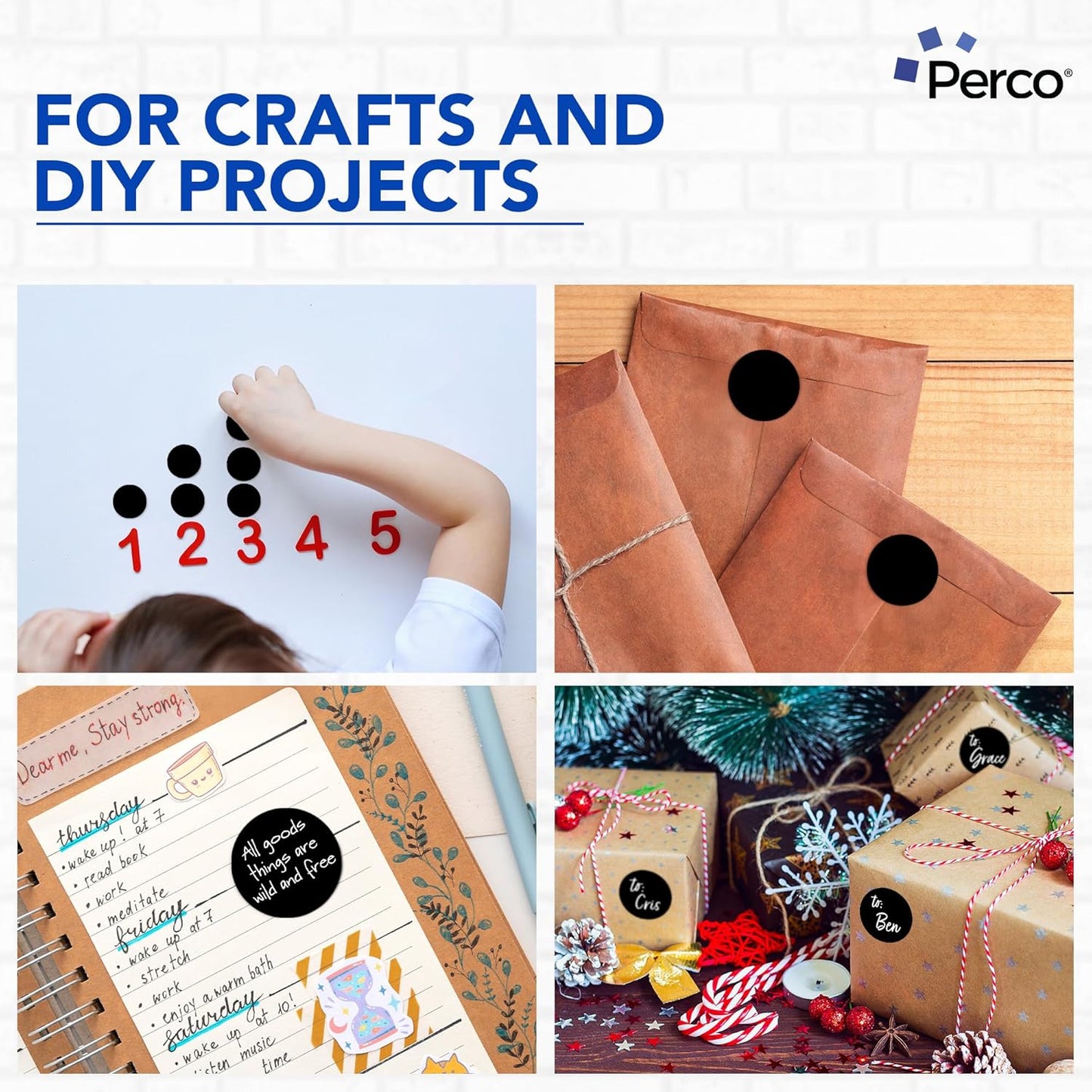 Perco Black 2-Inch Round Circle Dot Sticker Labels - Multi-Roll Pack (3 Rolls, 500 Labels Each) - Permanent Adhesive, Vibrant Colors, Strong Hold - Perforated for Easy Use - Made in USA