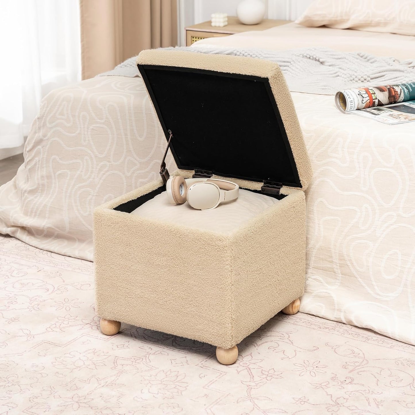 Adeco 17 Inch Soft Oatmeal Cube Ottoman Storage, Teddy Velvet Chair Foot Stools, Upholstered Vanity Stool with Hinged Lid, Solid Round Wood Legs