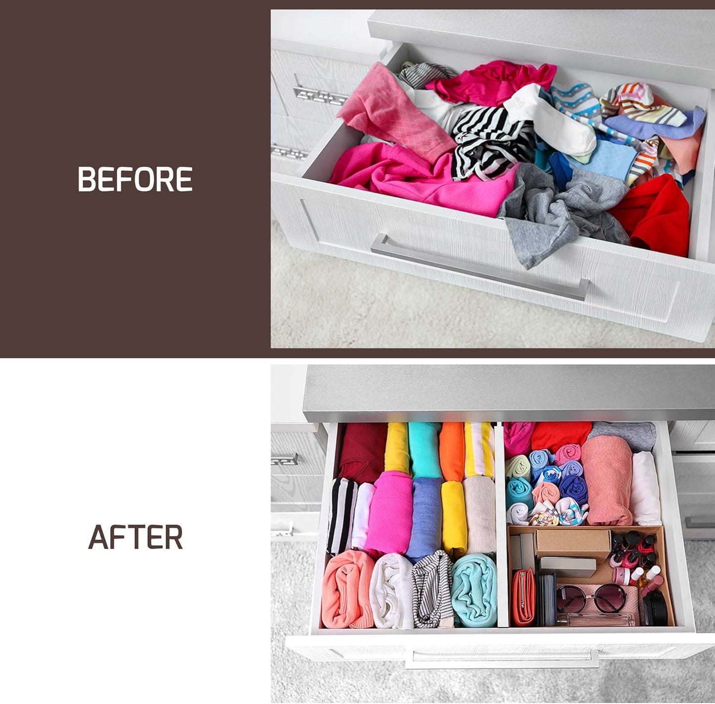 Adjustable Bamboo Drawer Divider Organizers - 6 Pack Large Expandable Drawer Organization Separators for Kitchen Utensils, Dresser, Bedroom, Bathroom, Baby Drawer, Office - 17.5” to 22" (White)