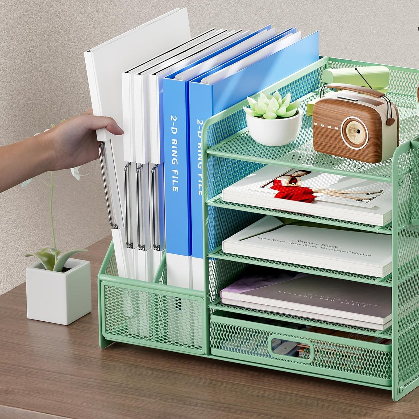 Marbrasse Desk Organizer with File Holder, 5-Tier Paper Letter Tray Organizer with Drawer and 2 Pen Holder, Mesh Desktop Organizer and Storage with Magazine Holder for Office Supplies (Green)