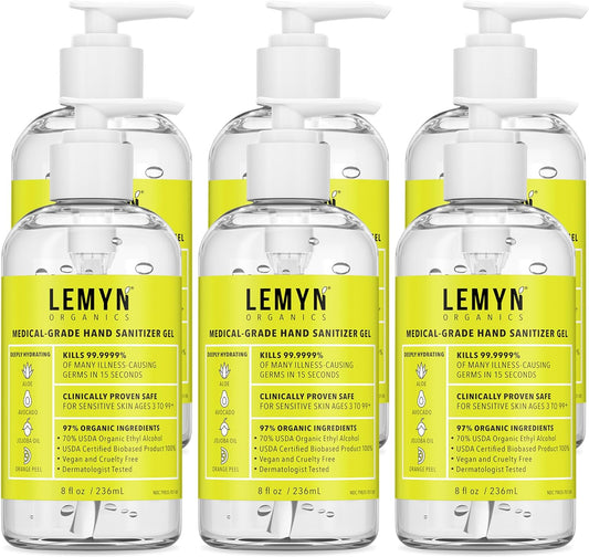 Medical Grade Hand Sanitizer Gel - 97% ORGANIC - 8 FL.OZ. with PUMP (PACK OF 6)